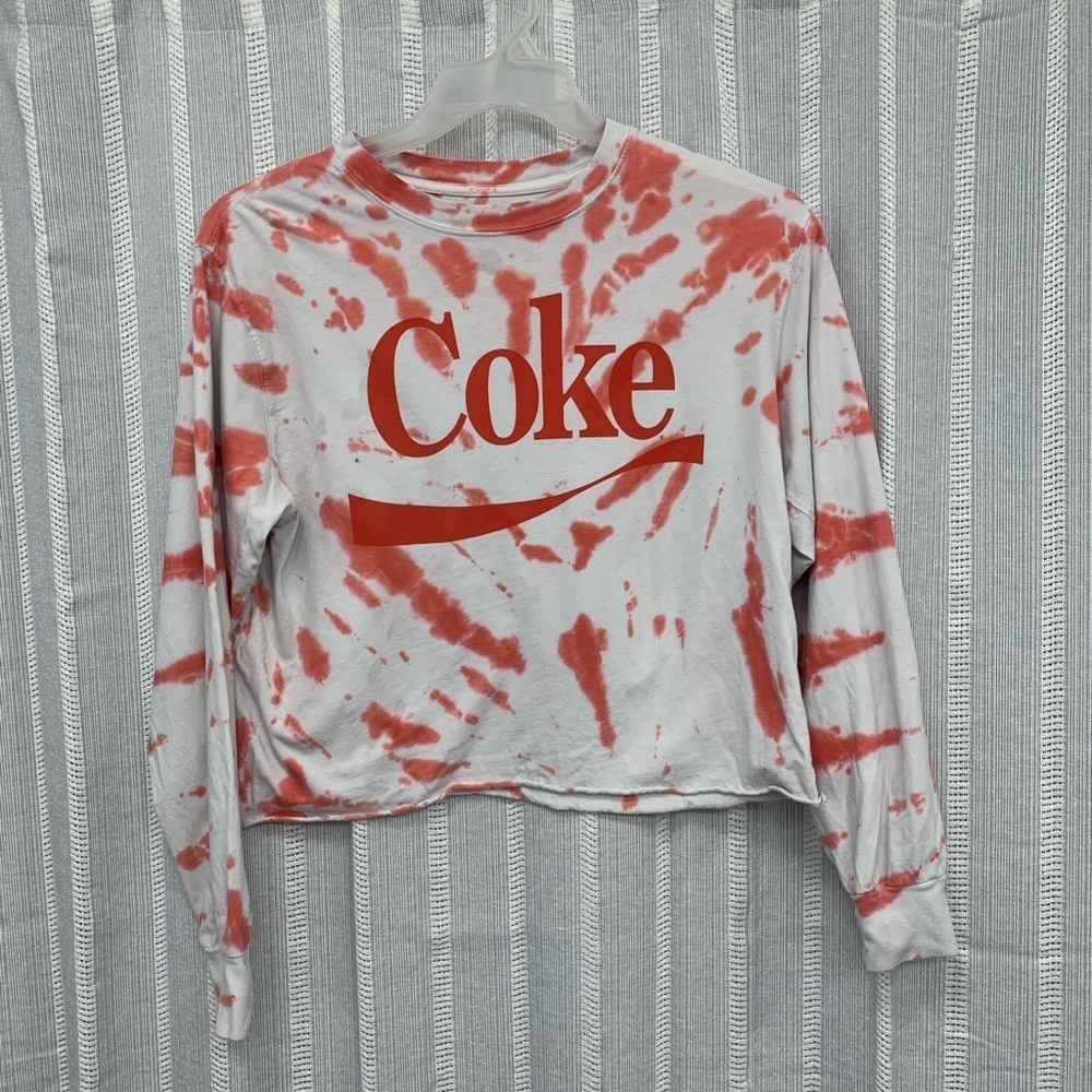 Coke Coca-Cola Tie-Dyed Tee Shirt T-Shirt Red & White Crop Top Size L (11/13)‎